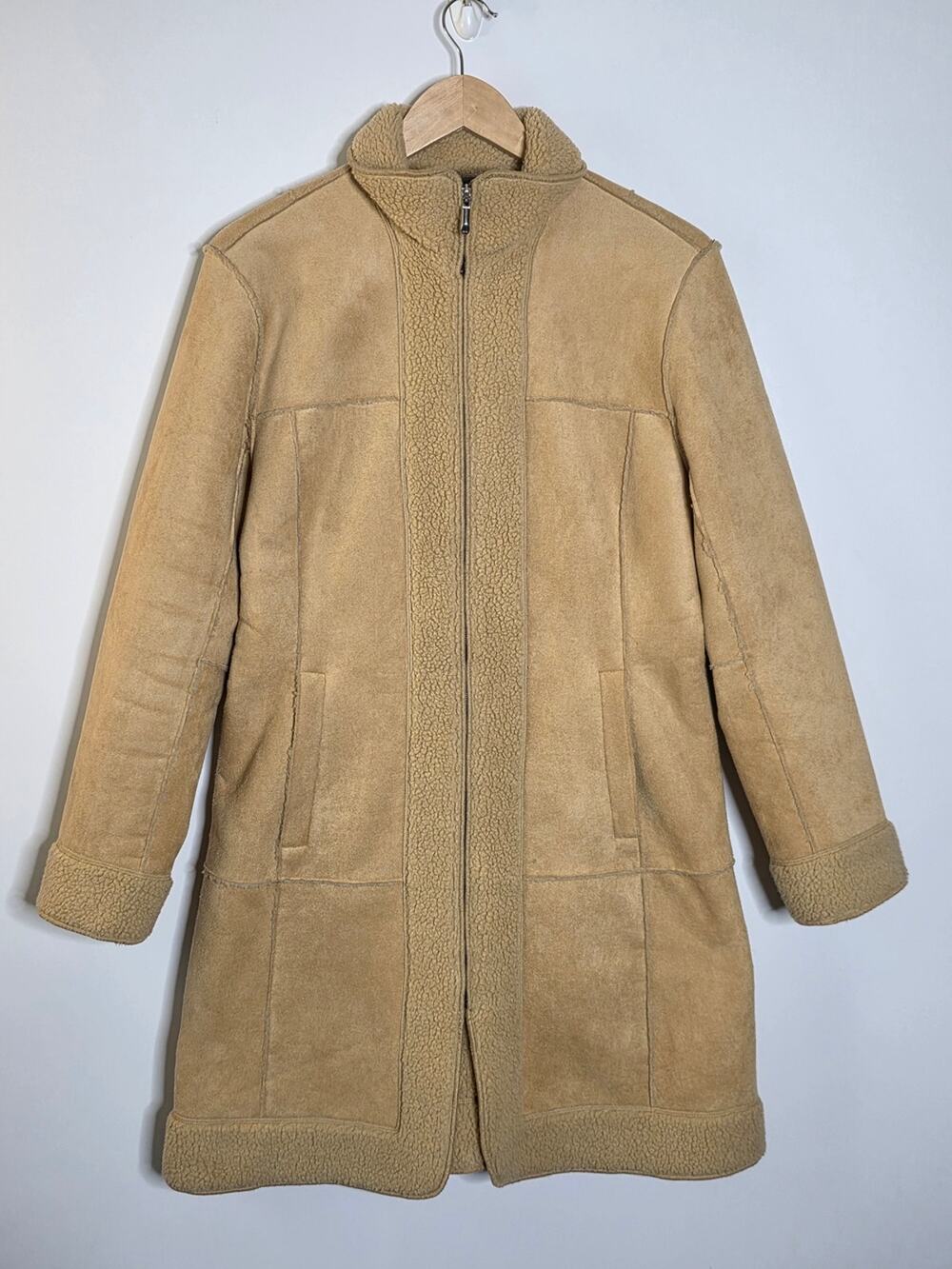 Metropolis Tan Faux shearling Long Zip front Penny lane jacket Size Med